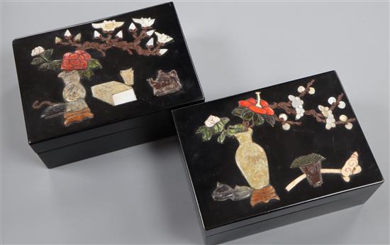 A pair of early 20th century Chinese hardstone mounted lacquer boxes